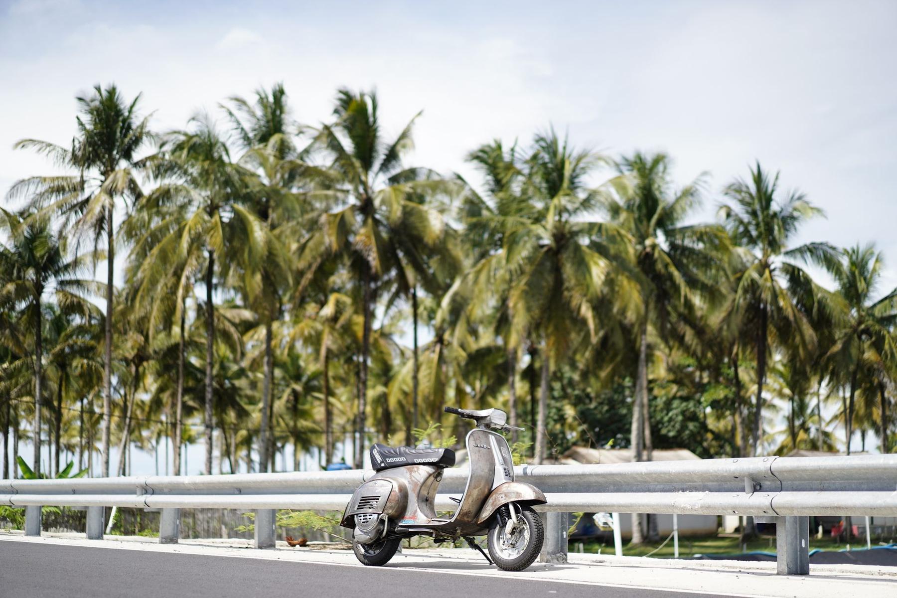 A scooter parked on a palm-lined beach road in Zanzibar